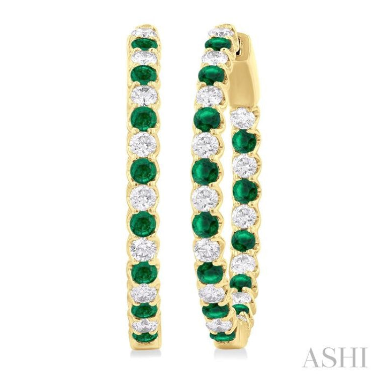 2.1MM Round Emerald and 1 ctw Round Cut Diamond Inside & Outside Alternating Precious Hoop Earrings in 14K Yellow Gold