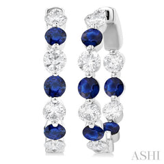 2.85MM Round Cut Sapphire and 1 ctw Round Cut Diamond Precious Inside-Out Alternating Hoop Earrings in 14K White Gold