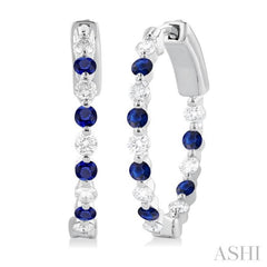 2MM Round Cut Sapphire and 1/2 ctw Round Cut Diamond Precious Inside-Out Alternating Hoop Earrings in 14K White Gold