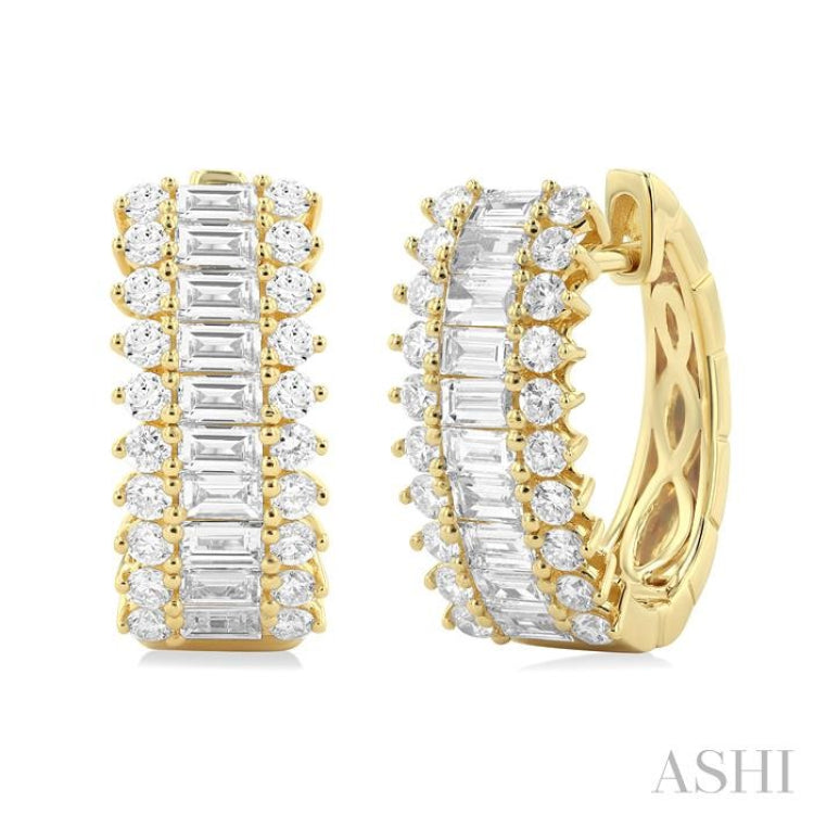 1 1/3 ctw Horizontal Layout Baguette and Round Cut Diamond Fashion Huggie Earrings in 14K Yellow Gold