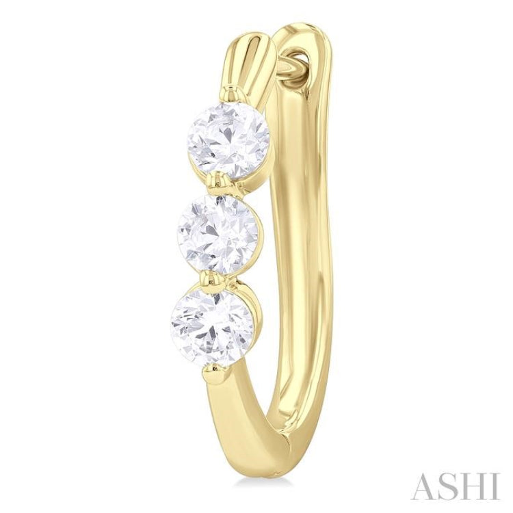 3/4 Ctw 3-Stone Round Cut Diamond Fashion Hoop Earring in 14K Yellow Gold