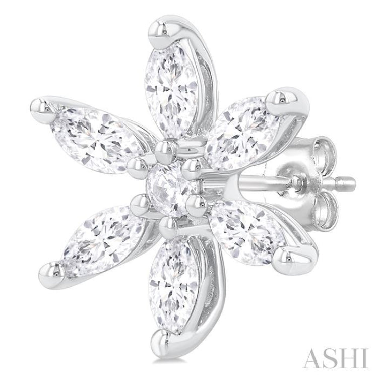 3/8 Ctw Floral Motif Marquise and Round Cut Diamond Fashion Stud Earring in 14K White Gold