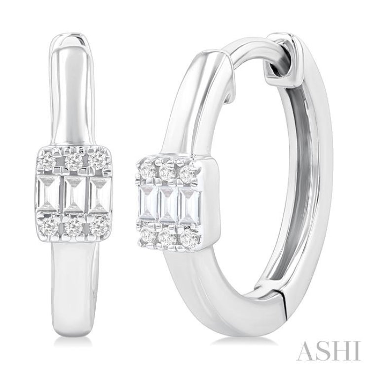 1/10 Ctw Petite Rectangular Center Fusion Baguette and Round Cut Diamond Fashion Huggies in 10K White Gold