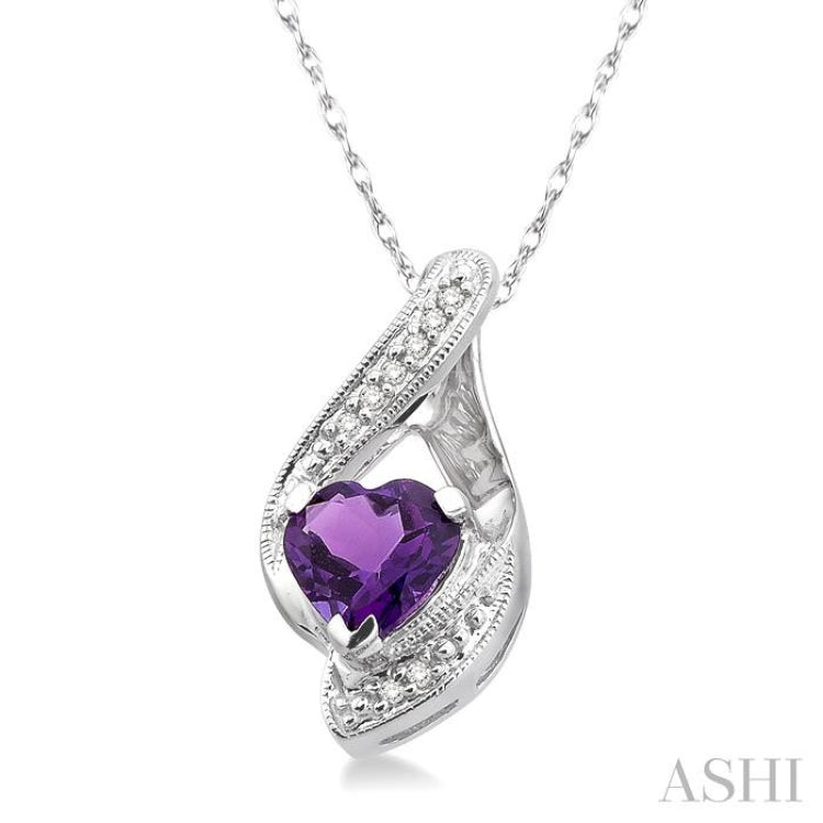 7mm Heart Shape Amethyst and 1/20 Ctw Single Cut Diamond Semi Precious Pendant in 14K White Gold with Chain