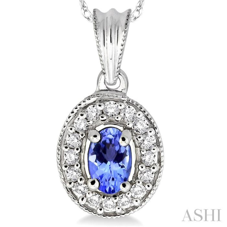 6x4 MM Oval Cut Tanzanite and 1/5 Ctw Round Cut Diamond Pendant in 14K White Gold with Chain