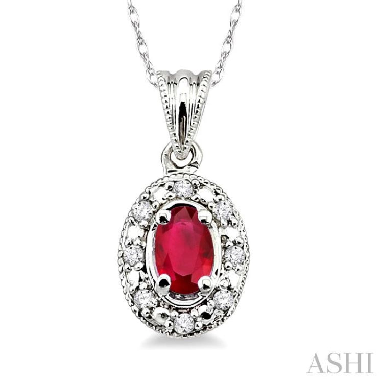 5x3 MM Oval Shape Ruby and 1/20 Ctw Single Cut Diamond Pendant in 10K White Gold with Chain.