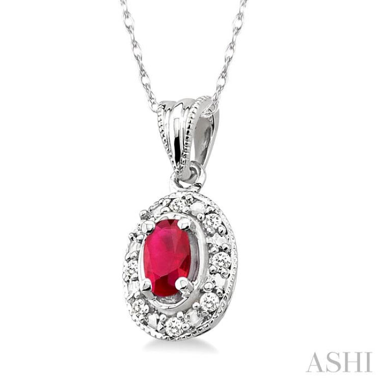 5x3 MM Oval Shape Ruby and 1/20 Ctw Single Cut Diamond Pendant in 10K White Gold with Chain.