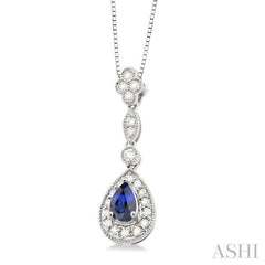 6x4 MM Pear Shape Sapphire and 1/4 Ctw Round Cut Diamond Pendant in 14K White Gold with Chain