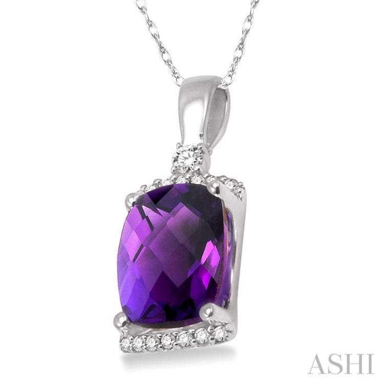 9x7 MM Cushion Shape Amethyst and 1/10 Ctw Round Cut Diamond Pendant in 14K White Gold with Chain