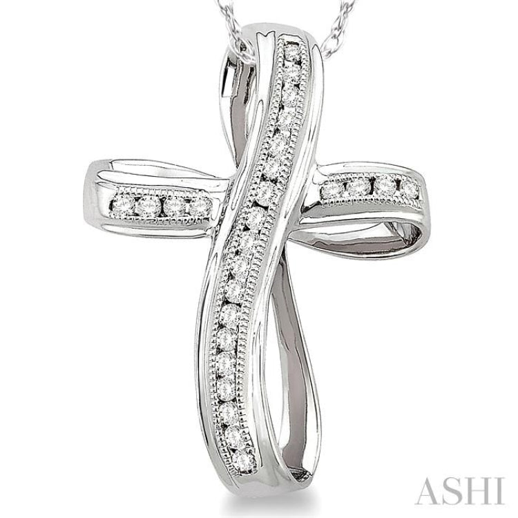 1/4 Ctw Channel Set Round Cut Diamond Cross Pendant in 10K White Gold with Chain