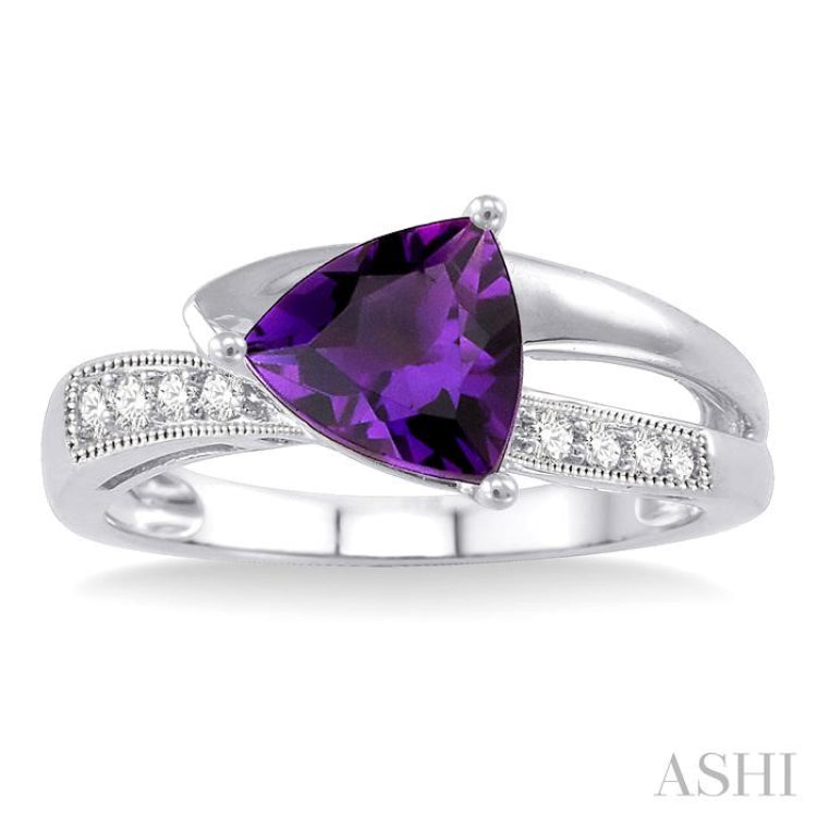 8x8 MM Trillion Cut Amethyst and 1/20 Ctw Single Cut Diamond Ring in 10K White Gold