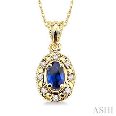 5x3 MM Oval Shape Sapphire and 1/20 Ctw Single Cut Diamond Pendant in 14K Yellow Gold with Chain