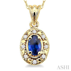 5x3 MM Oval Shape Sapphire and 1/20 Ctw Single Cut Diamond Pendant in 14K Yellow Gold with Chain