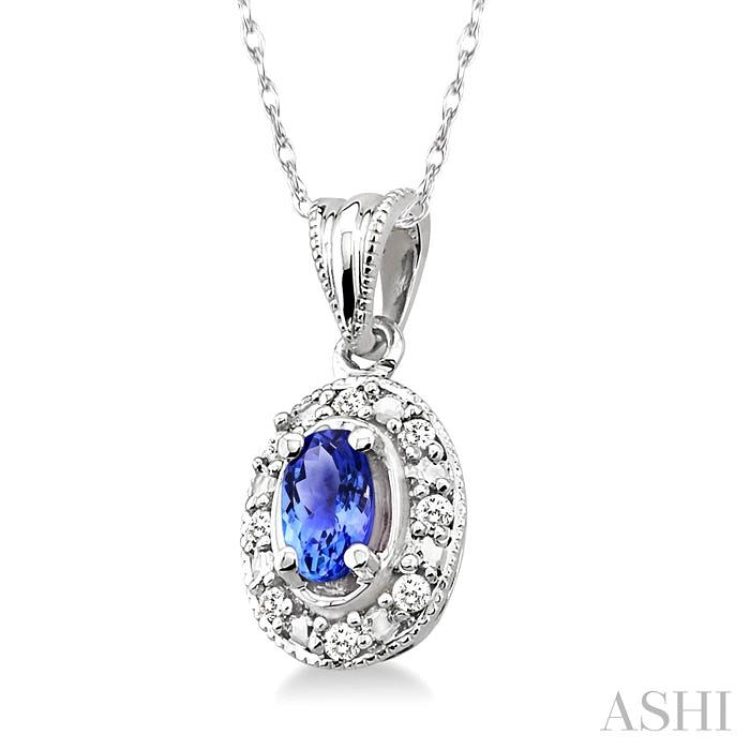 5x3 MM Oval Shape Tanzanite and 1/20 Ctw Single Cut Diamond Pendant in 14K White Gold with Chain