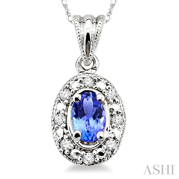 5x3 MM Oval Shape Tanzanite and 1/20 Ctw Single Cut Diamond Pendant in 14K White Gold with Chain