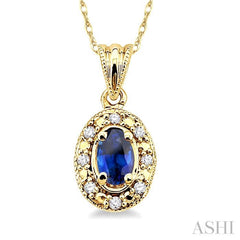 5x3 MM Oval Shape Sapphire and 1/20 Ctw Single Cut Diamond Pendant in 10K Yellow Gold with Chain