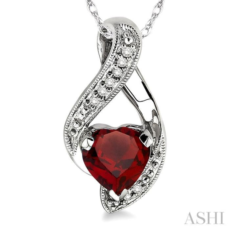 7mm Heart Shape Garnet and 1/20 Ctw Single Cut Diamond Semi Precious Pendant in 14K White Gold with Chain