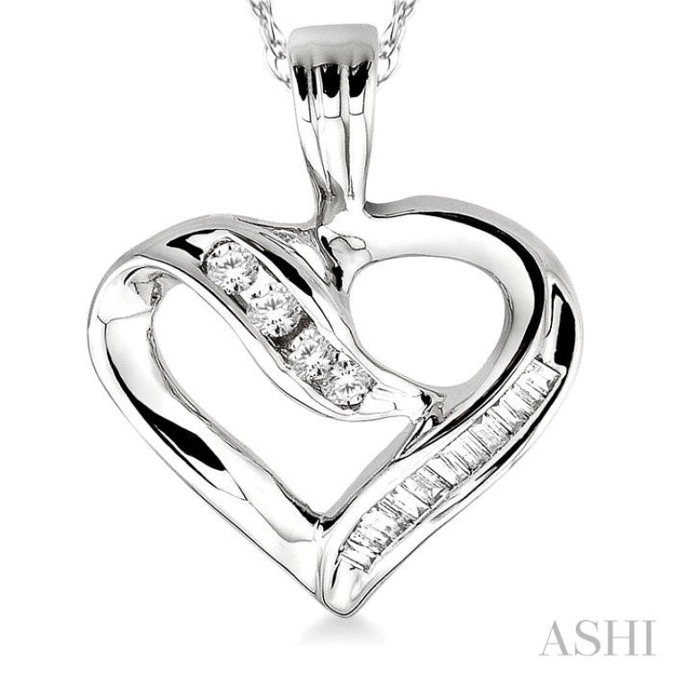 1/4 Ctw Baguettes and Round Diamond Heart Pendant in 10K White Gold with Chain