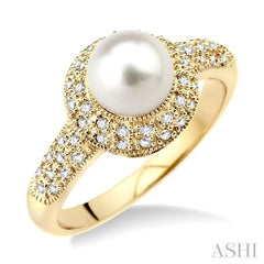 6.5 MM Cultured Pearl and 1/4 Ctw Single Cut Diamond Ring in 14K Yellow Gold