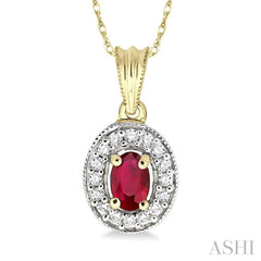 6x4 MM Oval Cut Ruby and 1/5 Ctw Round Cut Diamond Pendant in 14K Yellow Gold with Chain