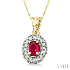 6x4 MM Oval Cut Ruby and 1/5 Ctw Round Cut Diamond Pendant in 14K Yellow Gold with Chain