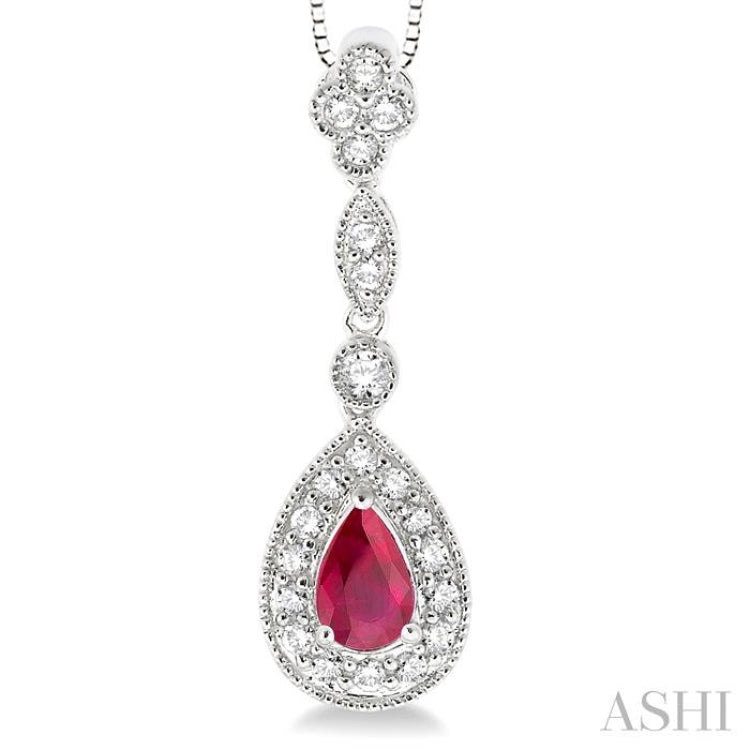 6x4 MM Pear Shape Ruby and 1/4 Ctw Round Cut Diamond Pendant in 14K White Gold with Chain