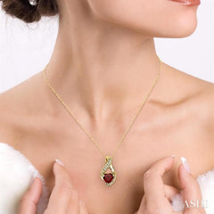 7X7mm Heart Shape Garnet and 1/20 Ctw Single Cut Diamond Semi Precious Pendant in 10K Yellow Gold with Chain