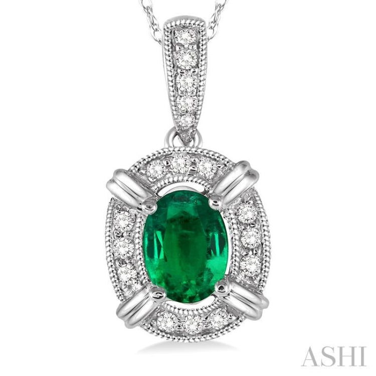 6x4 MM Oval Cut Emerald and 1/10 Ctw Single Cut Diamond Pendant in 14K White Gold with Chain