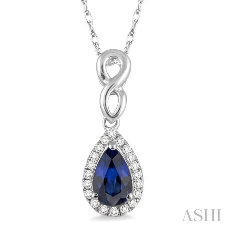 6x4 MM Pear Shape Sapphire and 1/10 Ctw Round Cut Diamond Pendant in 14K White Gold with Chain