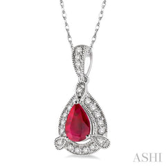 6x4  MM Pear Shape Ruby and 1/10 Ctw Round Cut Diamond Pendant in 10K White Gold with Chain