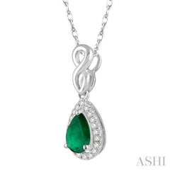 6x4 MM Pear Shape Emerald and 1/10 Ctw Round Cut Diamond Pendant in 14K White Gold with Chain