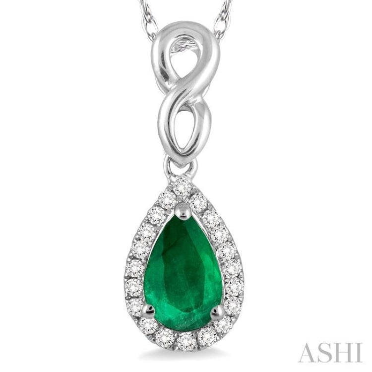 6x4 MM Pear Shape Emerald and 1/10 Ctw Round Cut Diamond Pendant in 14K White Gold with Chain