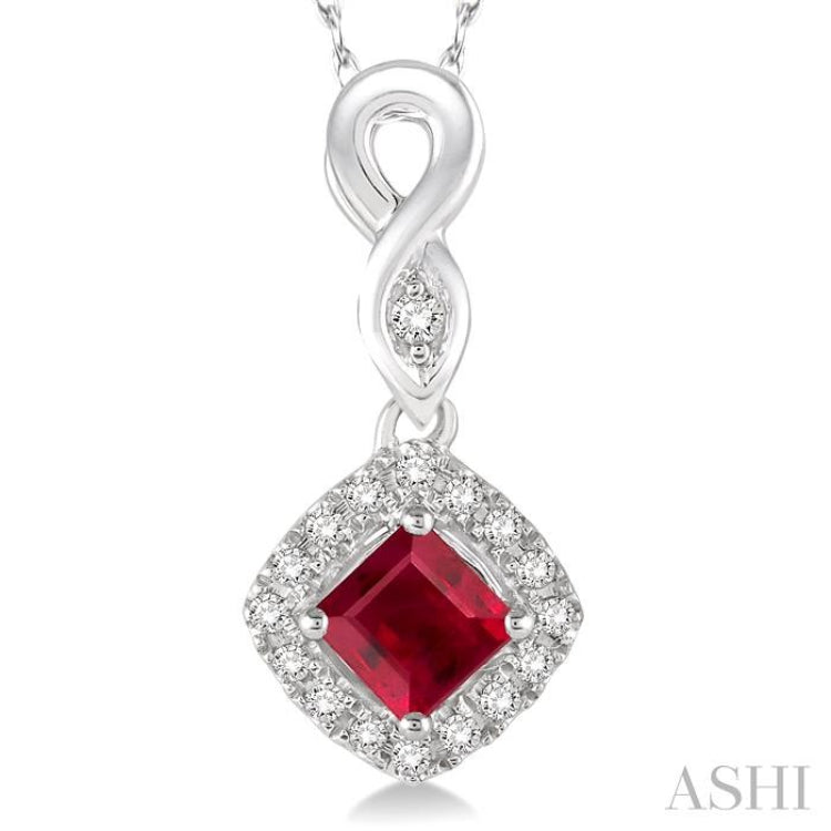 4x4 MM Cushion Shape Ruby and 1/10 Ctw Round Cut Diamond Pendant in 10K White Gold with Chain