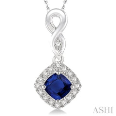 4x4 MM Cushion Shape Sapphire and 1/10 Ctw Round Cut Diamond Pendant in 10K White Gold with Chain