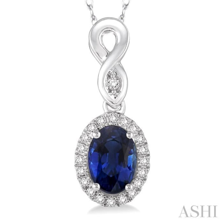 6x4 MM Oval Cut Sapphire and 1/10 Ctw Round Cut Diamond Pendant in 14K White Gold with Chain