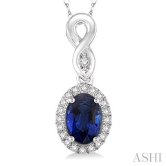 6x4 MM Oval Cut Sapphire and 1/10 Ctw Round Cut Diamond Pendant in 14K White Gold with Chain