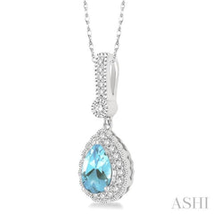 7x5 MM Pear Shape Aquamarine and 1/5 Ctw Round Cut Diamond Pendant in 14K White Gold with Chain