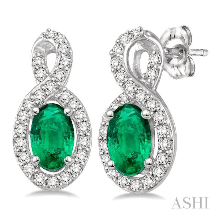 5x3 MM Oval Cut Emerald and 1/5 Ctw Round Cut Diamond Earrings in 14K White Gold