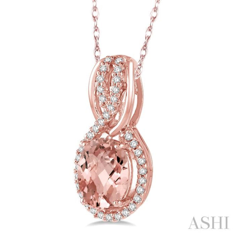 1/6 Ctw Round Cut Diamond and Oval Cut 8x6 MM Morganite Entwined Semi Precious Pendant in 14K Rose Gold with chain