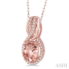 1/6 Ctw Round Cut Diamond and Oval Cut 8x6 MM Morganite Entwined Semi Precious Pendant in 14K Rose Gold with chain