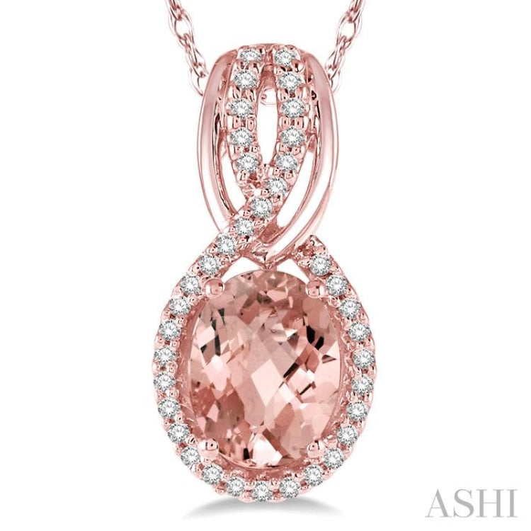 1/6 Ctw Round Cut Diamond and Oval Cut 8x6 MM Morganite Entwined Semi Precious Pendant in 14K Rose Gold with chain