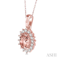 1/8 Ctw Round Cut Diamond and Oval Cut 6x4 MM Morganite Center Sunflower Semi Precious Pendant in 10K Rose Gold with chain