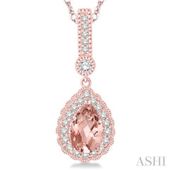 7x5 MM Pear Shape Morganite and 1/5 Ctw Round Cut Diamond Pendant in 14K Rose Gold with Chain