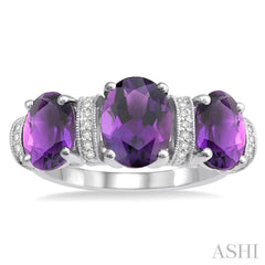 1/10 Ctw Round cut Diamond and Tri Mount Oval Cut 8x6 MM & 7x5 MM Amethyst Semi Precious Ring in 10K White Gold