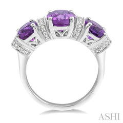 1/10 Ctw Round cut Diamond and Tri Mount Oval Cut 8x6 MM & 7x5 MM Amethyst Semi Precious Ring in 10K White Gold