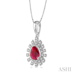 1/8 Ctw Bar Accent Pear Shape 6x4 MM Ruby & Round Cut Diamond Precious Pendant With Chain in 10K White Gold