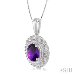 1/10 Ctw Oval Shape 8x6 MM Amethyst & Round Cut Diamond Semi Precious Pendant With Chain in 10K White Gold