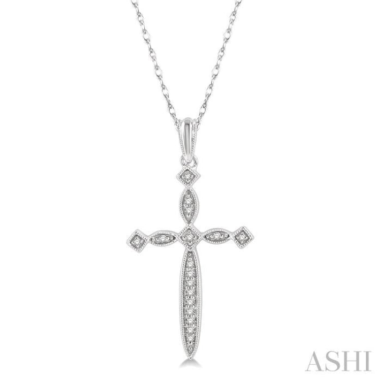 1/10 Ctw Marquise & Diamond Mount Cross Charm Round Cut Diamond Pendant With Chain in 10K White Gold