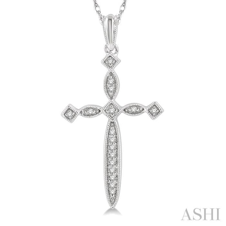 1/10 Ctw Marquise & Diamond Mount Cross Charm Round Cut Diamond Pendant With Chain in 10K White Gold