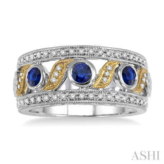 3x3MM Round Cut Sapphire and 1/6 Ctw Round Cut Diamond Precious Fashion Ring in 14K White and Yellow Gold